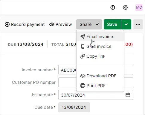 Example invoice with share clicked and email invoice option shown