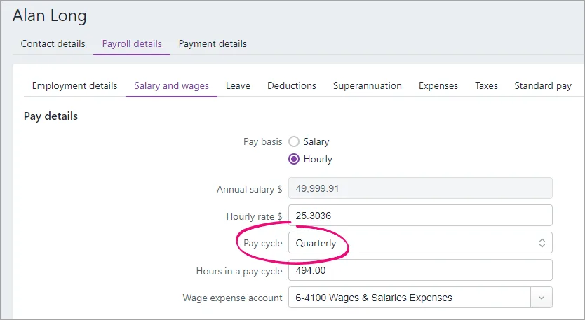 Example employee record with quarterly pay cycle highlighted