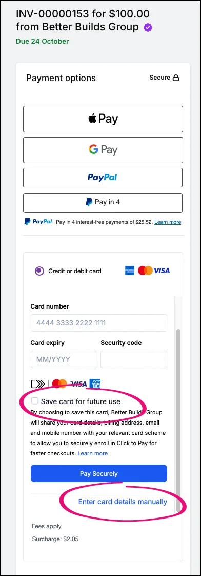 Deselect Save card for future use and click Enter card details manually