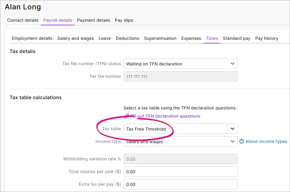 Example tax table assigned to an employee