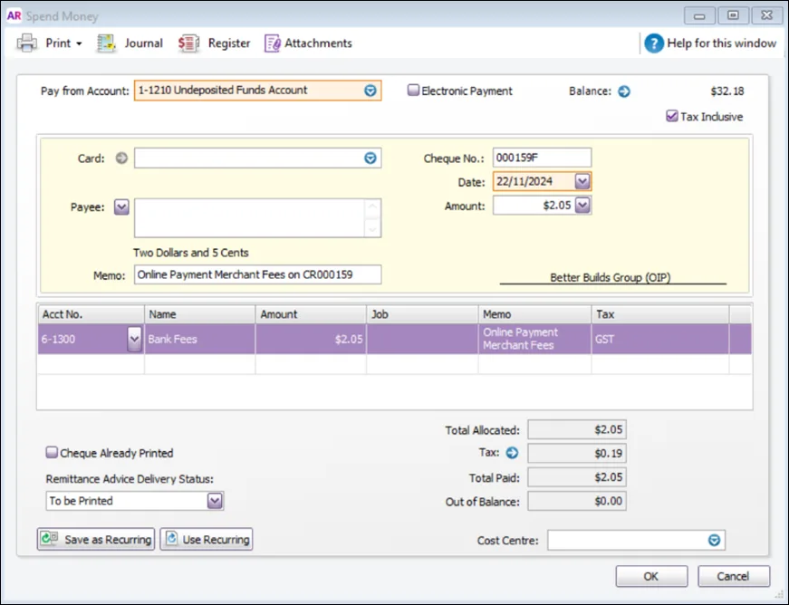 Example AccountRight spend money transaction with one line for OP fees