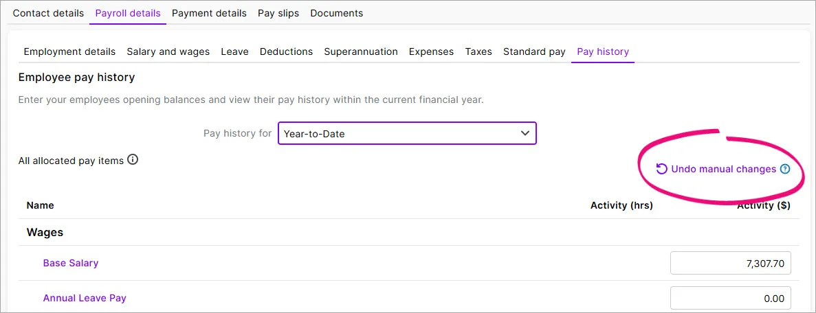 Example employee record with undo pay history highlighted