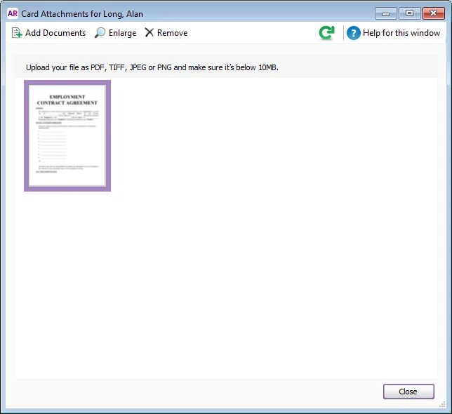 Example employee card with workplace agreement PDF attached
