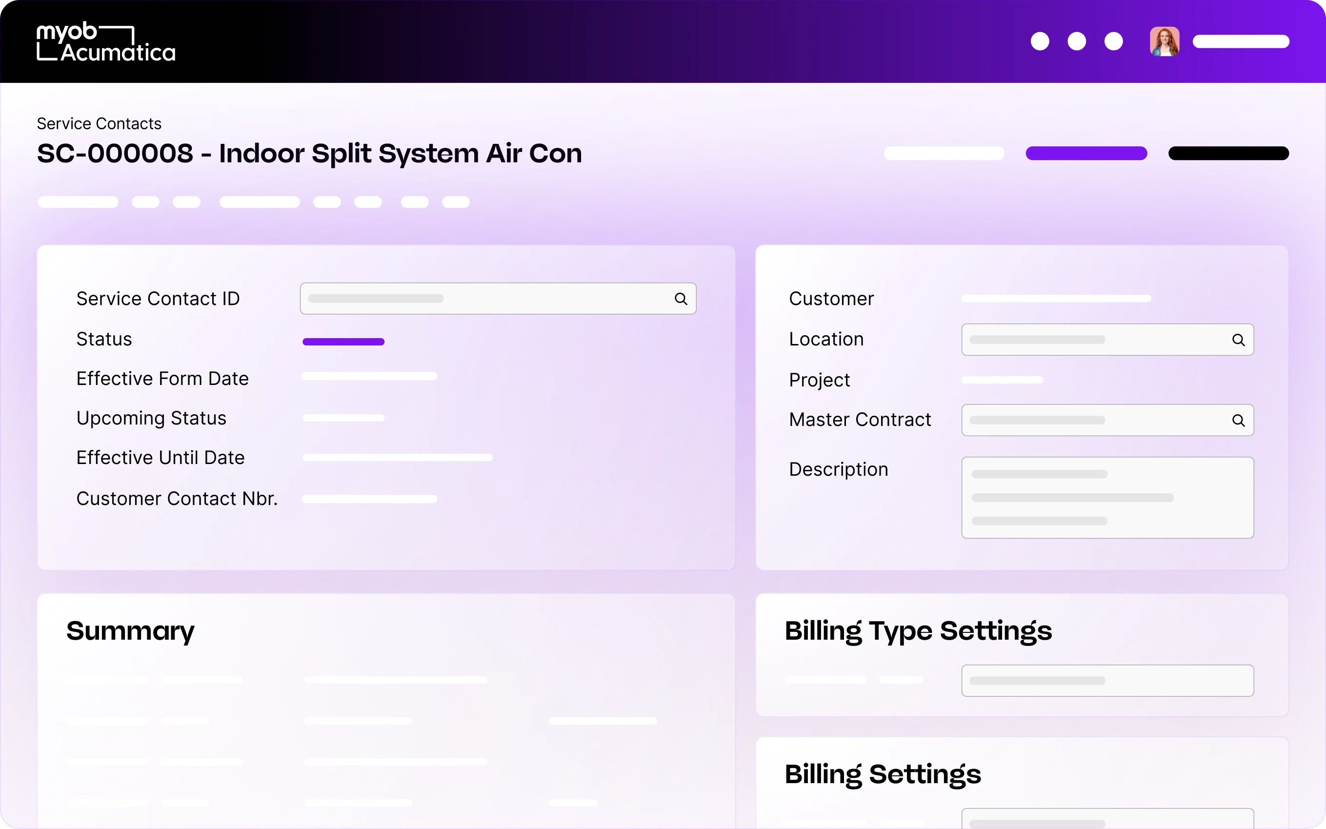 MYOB Acumatica service contact interface showing details for an indoor split system air conditioner with various form fields.