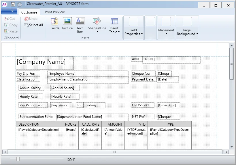 Pay slip form, ready to be customised