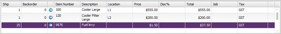 Example invoice lines with fuel levy on the last line