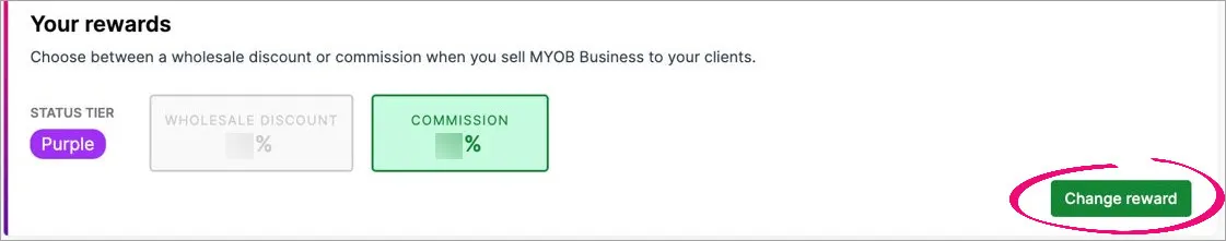 Your rewards section showing Commission 10% selected and the Change reward button highlighted