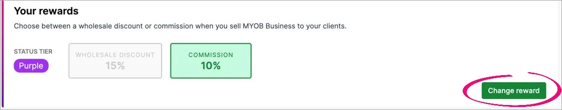 Your rewards section showing Commission 10% selected and the Change reward button highlighted
