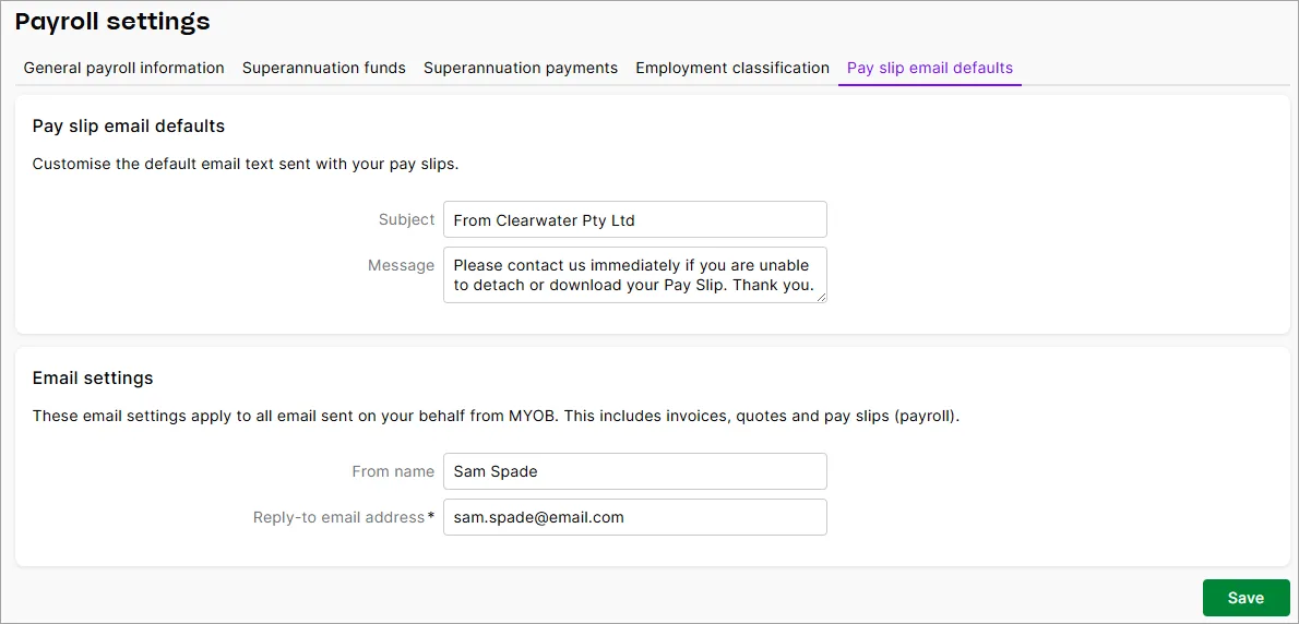 Pay slip email defaults tab in the payroll settings