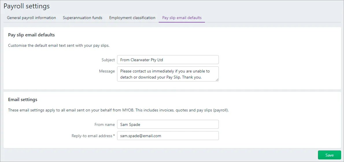 Pay slip email defaults tab in the payroll settings