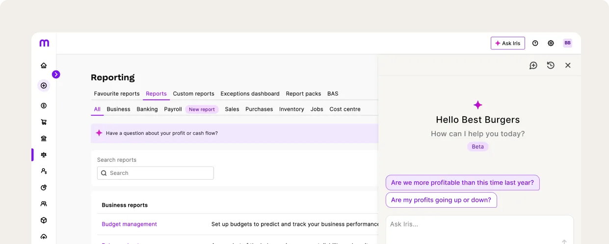 Software reporting dashboard with an AI assistant panel open, greeting "Best Burgers" with suggested financial questions.