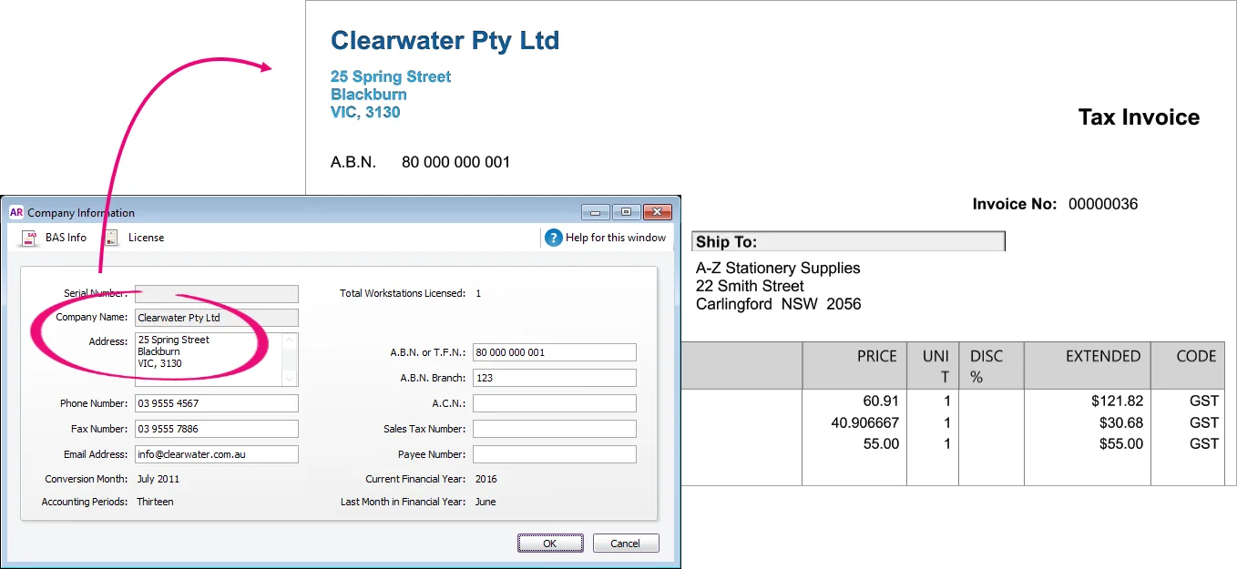 Example company information shown on an invoice