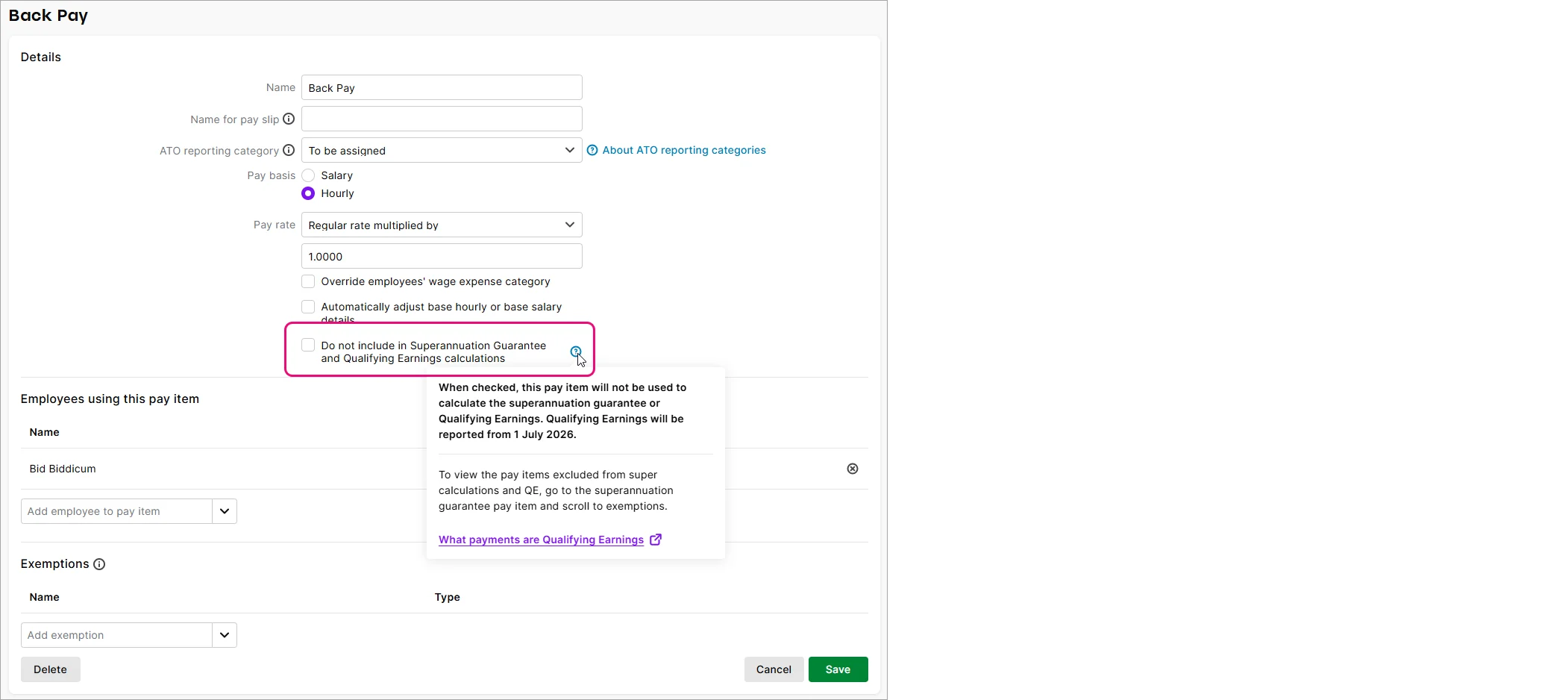 Example pay item with QE option highlighted