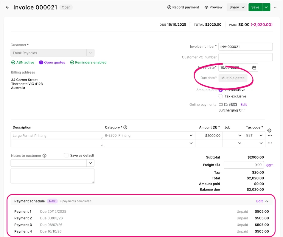 Example invoice with payment schedule and due date highlighted