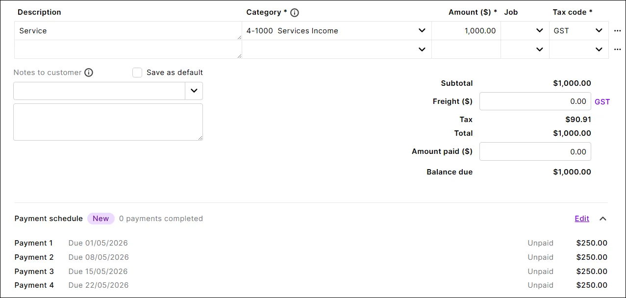 Example invoice with schedule details at the bottom