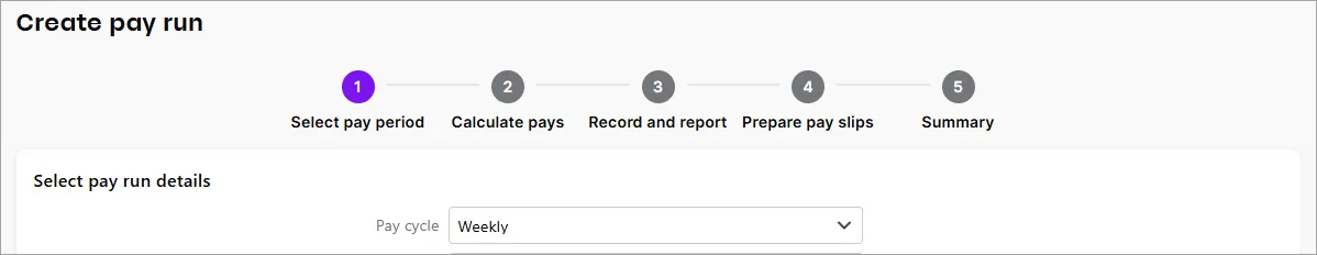 Top of create pay run screen showing the steps