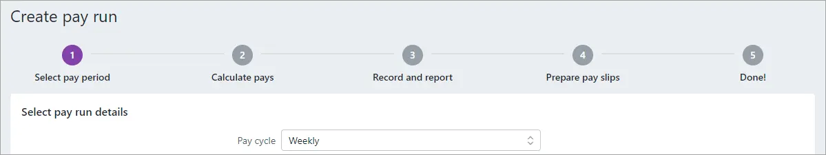 Top of create pay run screen showing the steps
