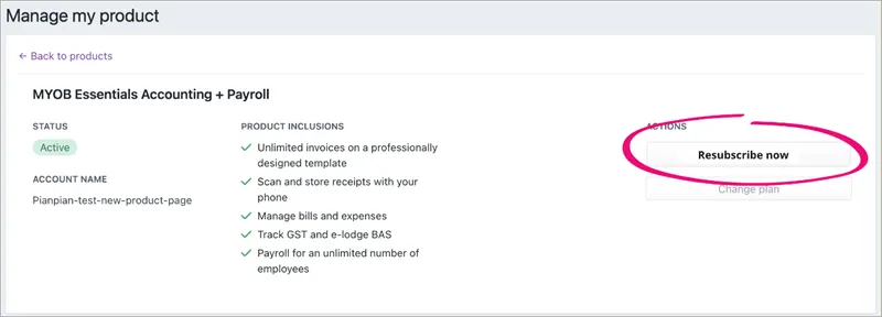 Manage my products page with resubscribe now button highlighted