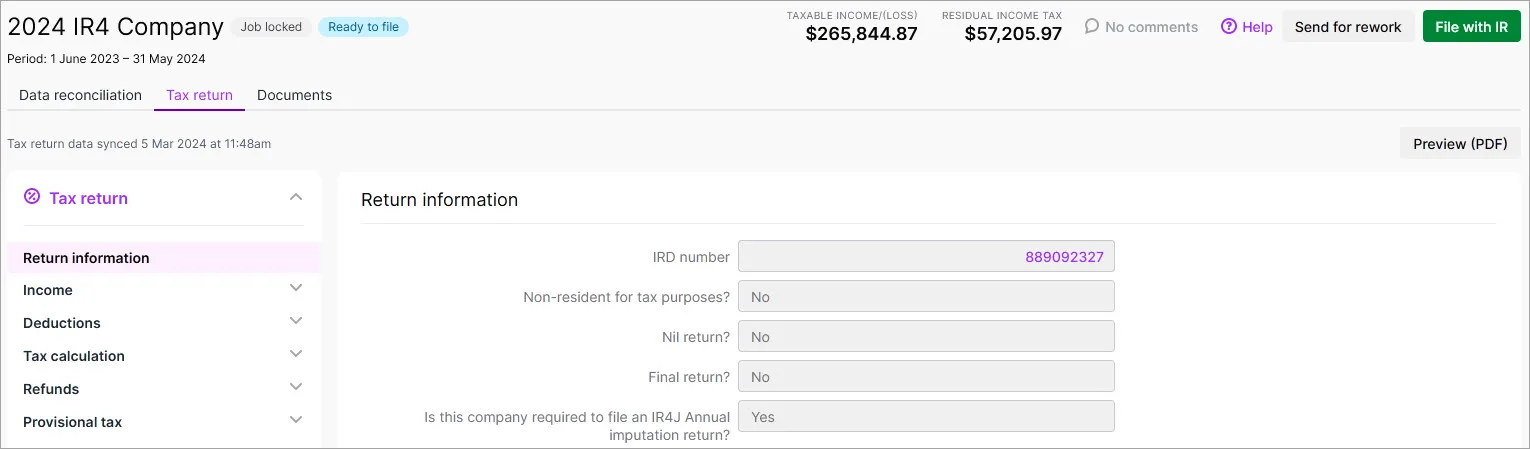 Tax return page