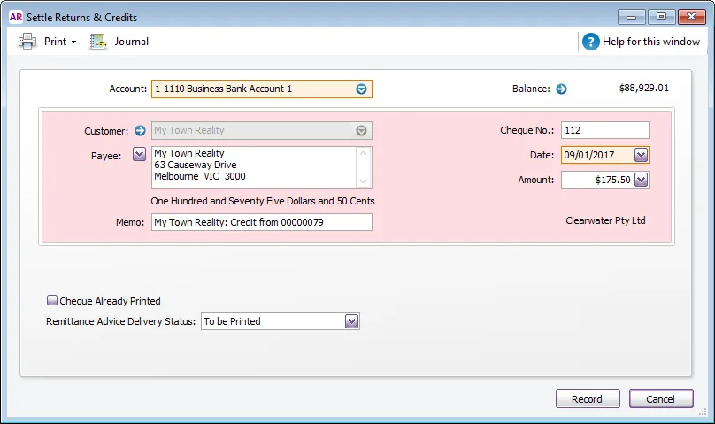 Settle returns and credits window showing an example refund