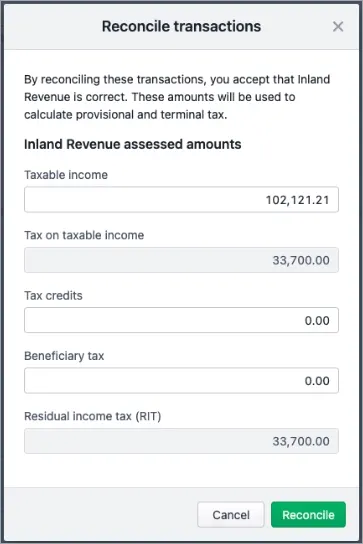 Reconcile transactions window showing a description about reconciling and fields for Inland Revenue assessed amounts.