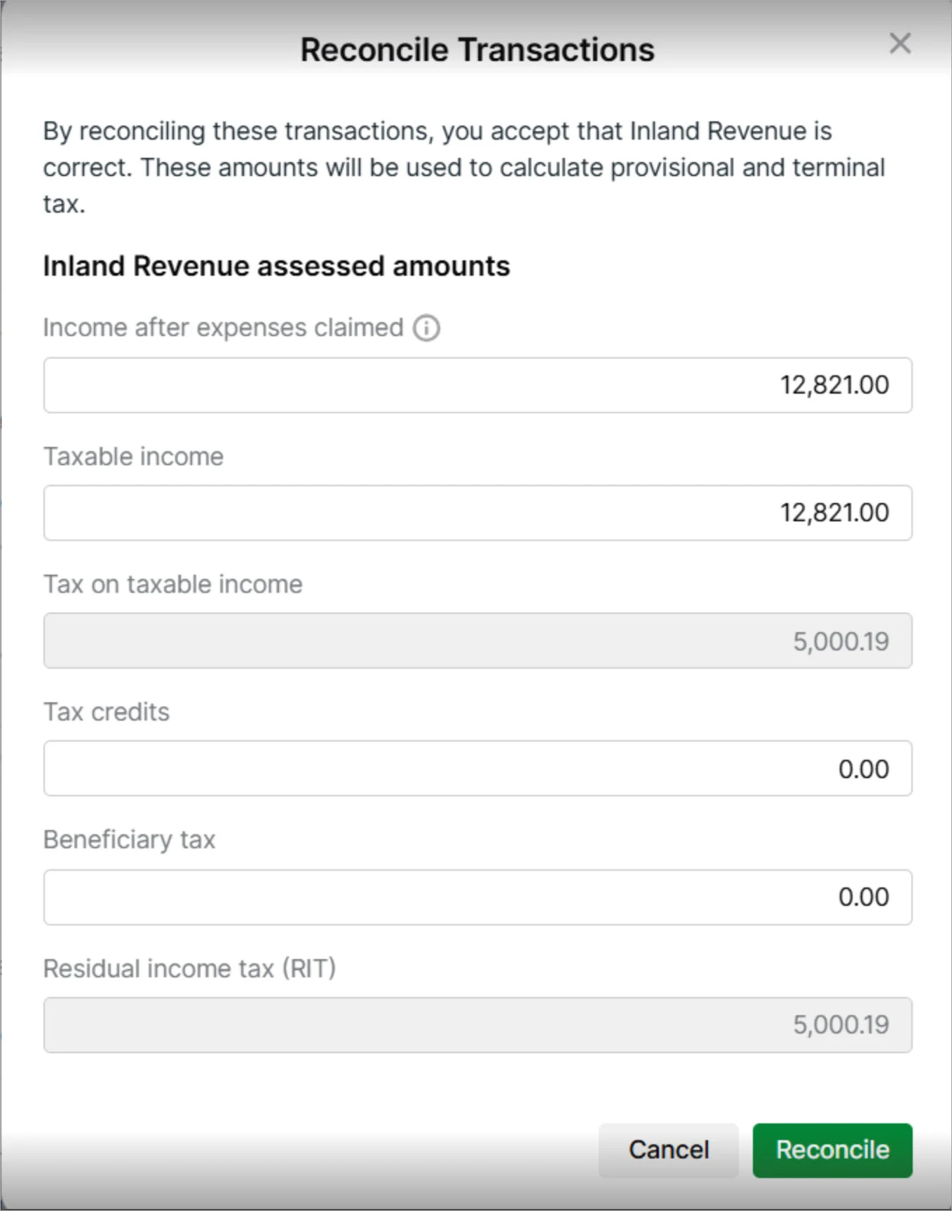 Reconcile transactions window showing a description about reconciling and fields for Inland Revenue assessed amounts.