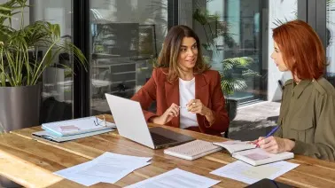 Two women in business meeting at wooden table with laptop, papers, and plants by window in bright office space.