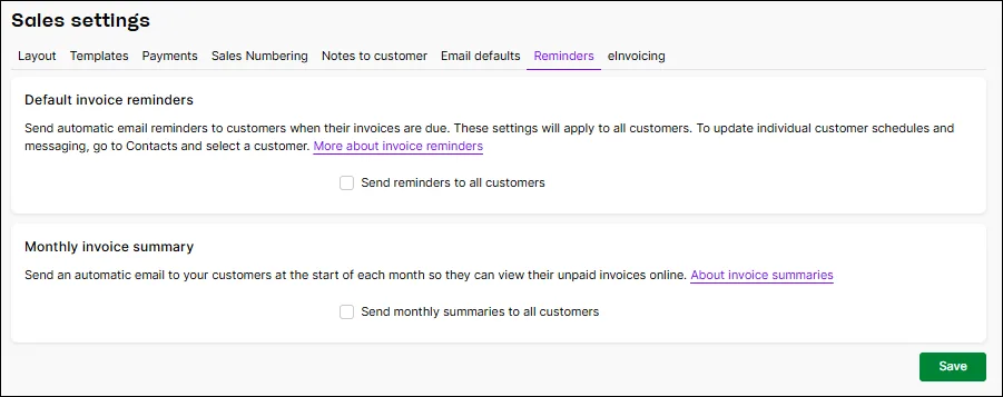 Sales settings Reminders tab with invoice reminders turned off