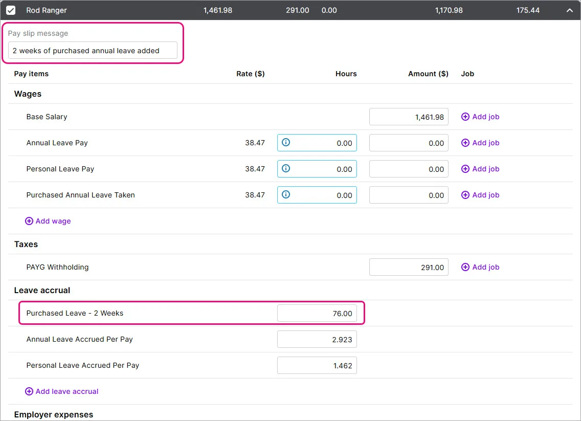 Example pay with opening leave balance entered against the leave accrual pay item