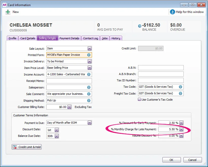 Monthly charge for late payment set up in a customer's card