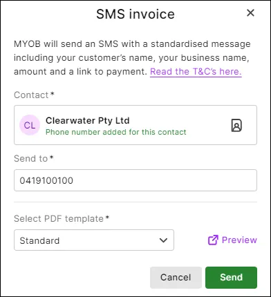 SMS invoice page