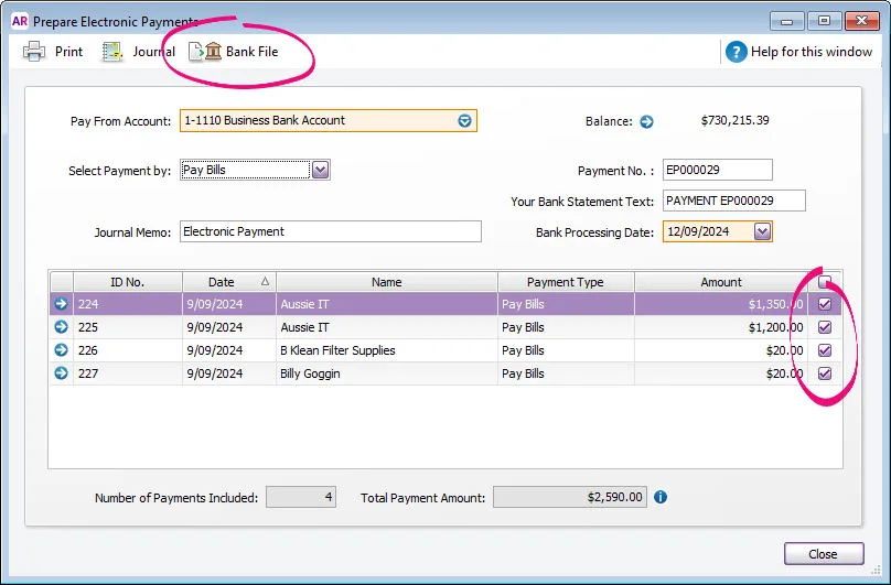 Example electronic payment with selected transactions and bank file button highlighted
