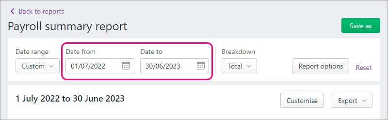 Payroll summary report with date filters highlighted