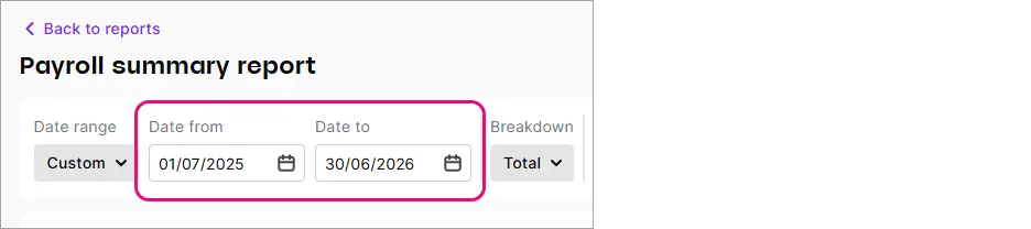 Payroll summary report with date filters highlighted