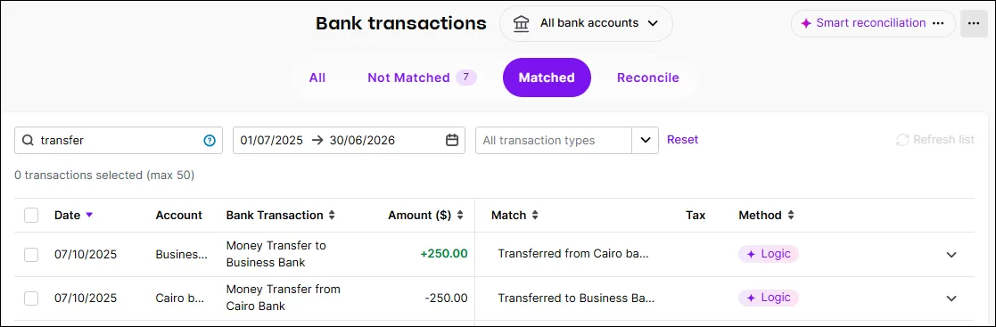 Matched bank transfers