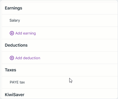 Animation showing add deduction being clicked to reveal create deduction pay item