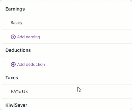 Animation showing add deduction being clicked to reveal create deduction pay item