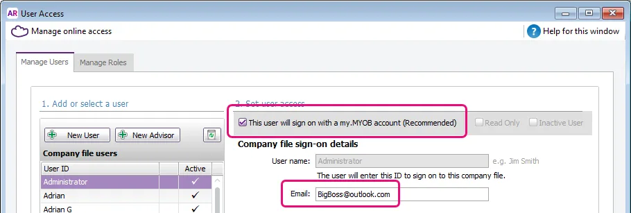 User Access window with my.MYOB option selected