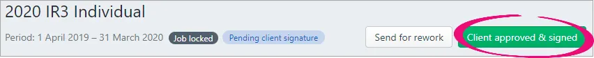 Client approved & signed button highlighted to the right of the tax return name