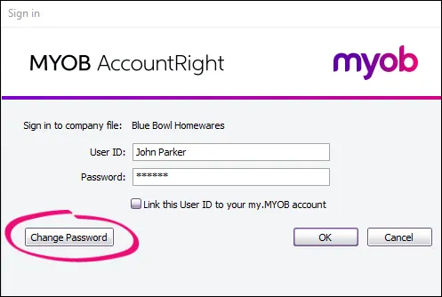AccountRight Company File Sign In window with Change Password button highlighted