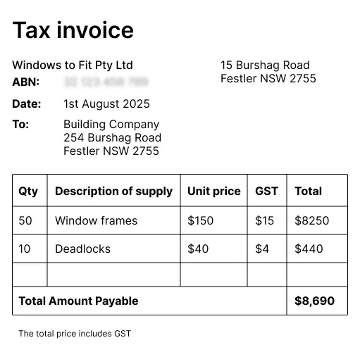 Example of a tax invoice over $1,000 showing all required ATO details, including seller and buyer information, GST amount, itemised list, and total price.