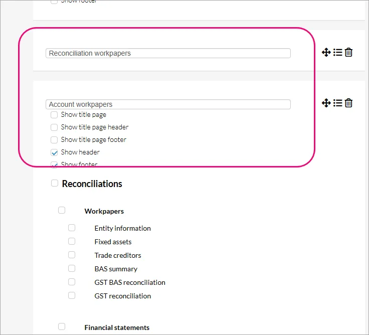 Reconciliation workpapers and Account workpapers section listing checkbox options