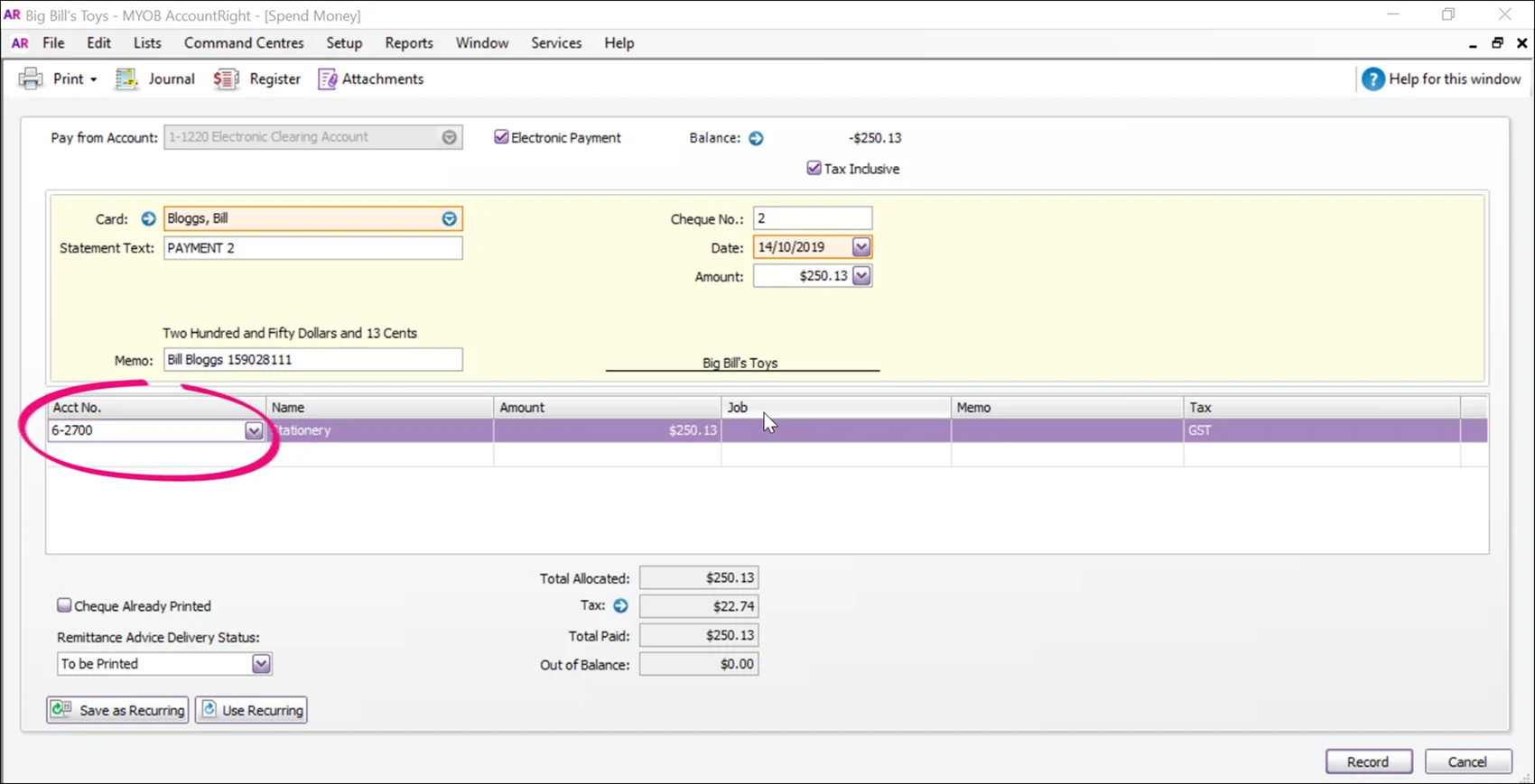 MYOB AccountRight Spend Money Account Name Dropdown Highlighted
