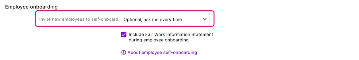 Employee onboarding section of a new employee record with self-onboarding option highlighted
