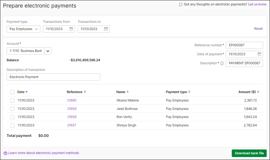 Payroll payments reappear in the Prepare electronic payments after deleting the electronic payment
