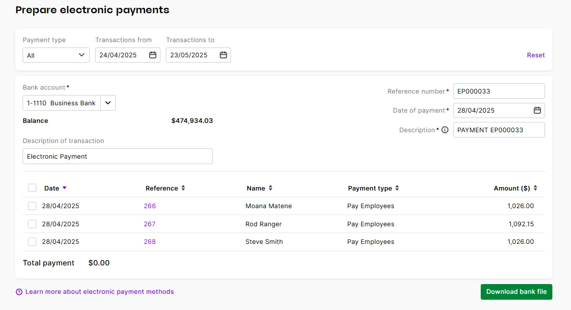 Payroll payments reappear in the Prepare electronic payments after deleting the electronic payment