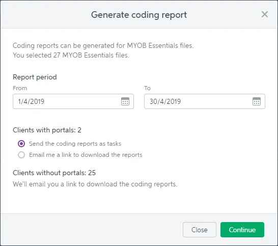 Generate coding report window showing report period options.