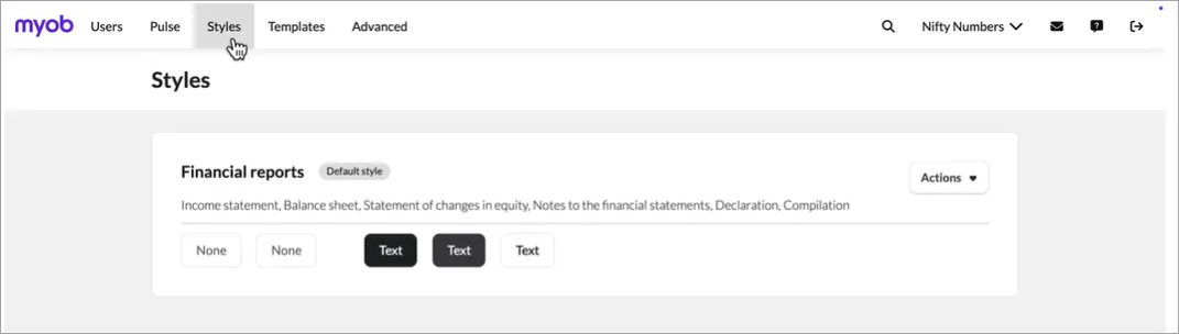 Style menu at the top of the page and Financial reports options shown on the Styles page