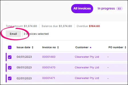 Invoices page with several invoices ticked and the email button highlighted