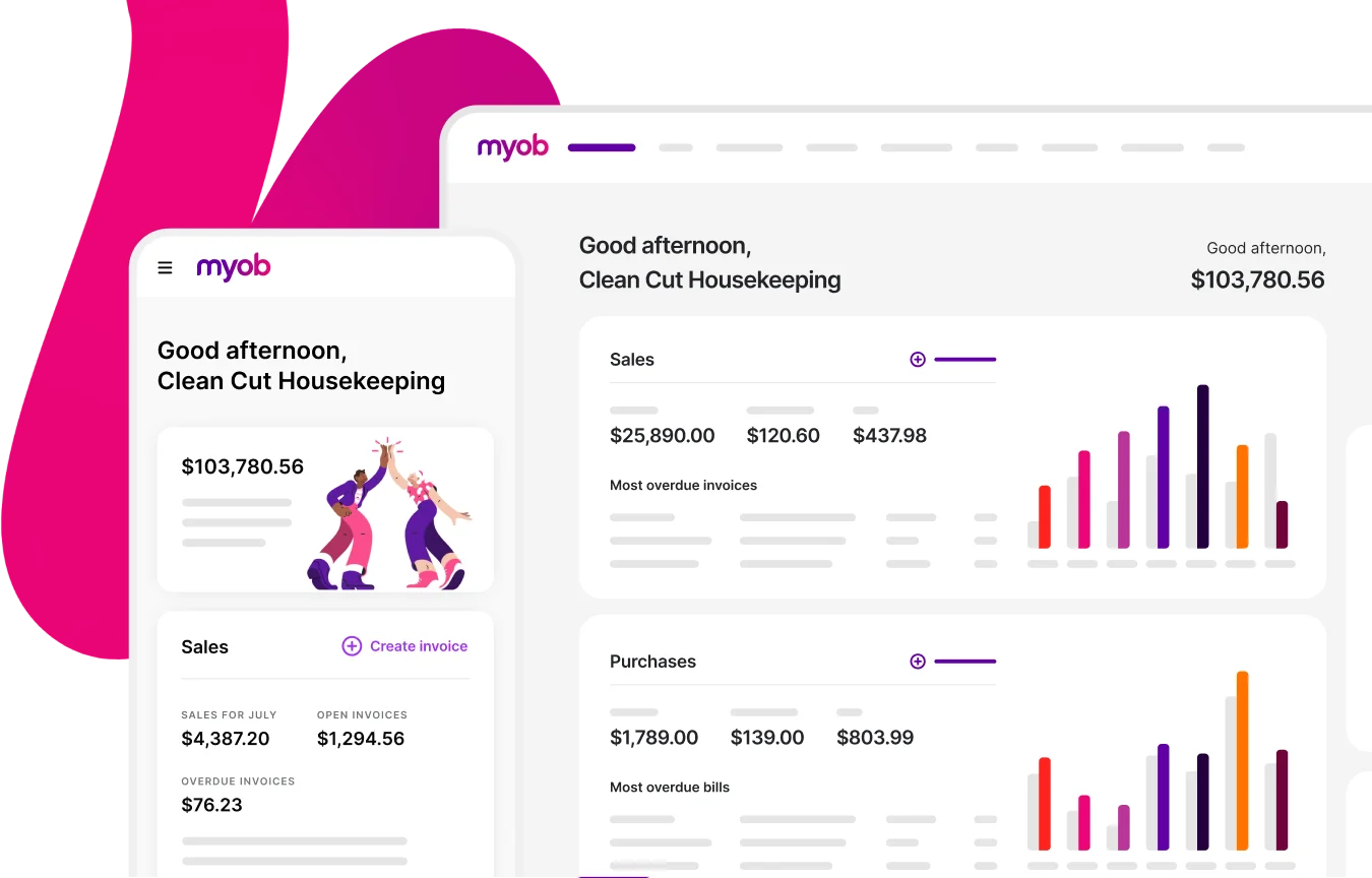 A computer screen and a smart phone screen both displaying the MYOB business management platform dashboard view for small and medium businesses.